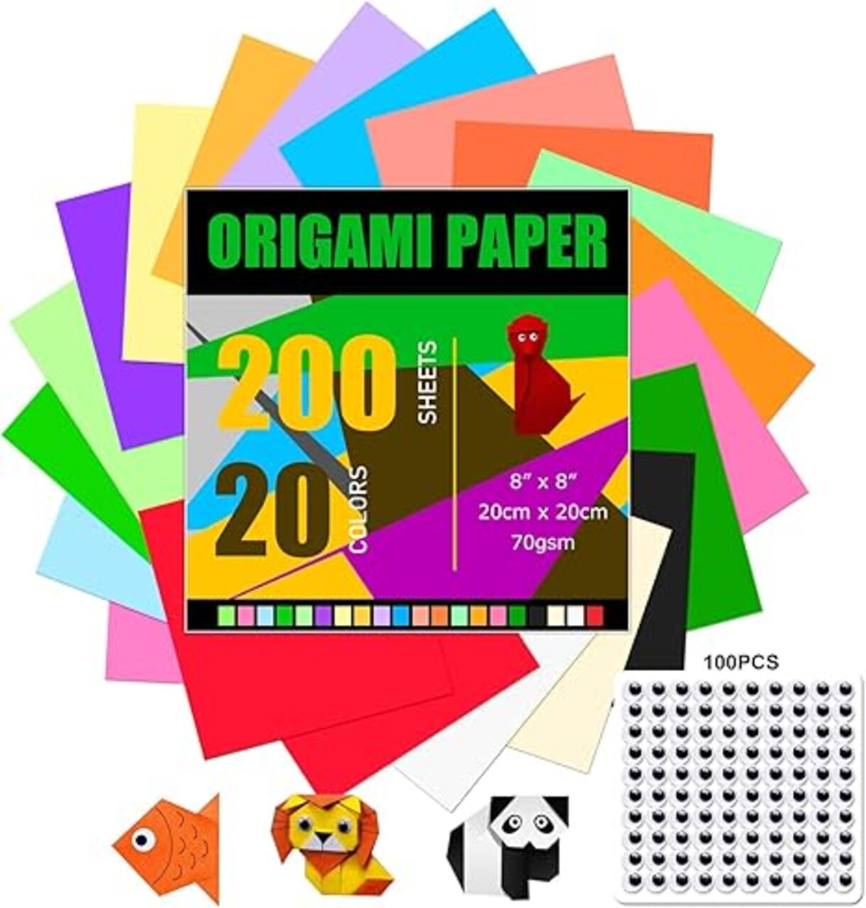 Origami Paper 300 Sheets, 20x20 cm/8 Inch Large Origami Paper Double Sided, 200 Sheets 20 Colors Origami Paper and 100pcs Self-adhesive Wiggle Eyes Sets for Kids DIY School Arts Crafts Adults